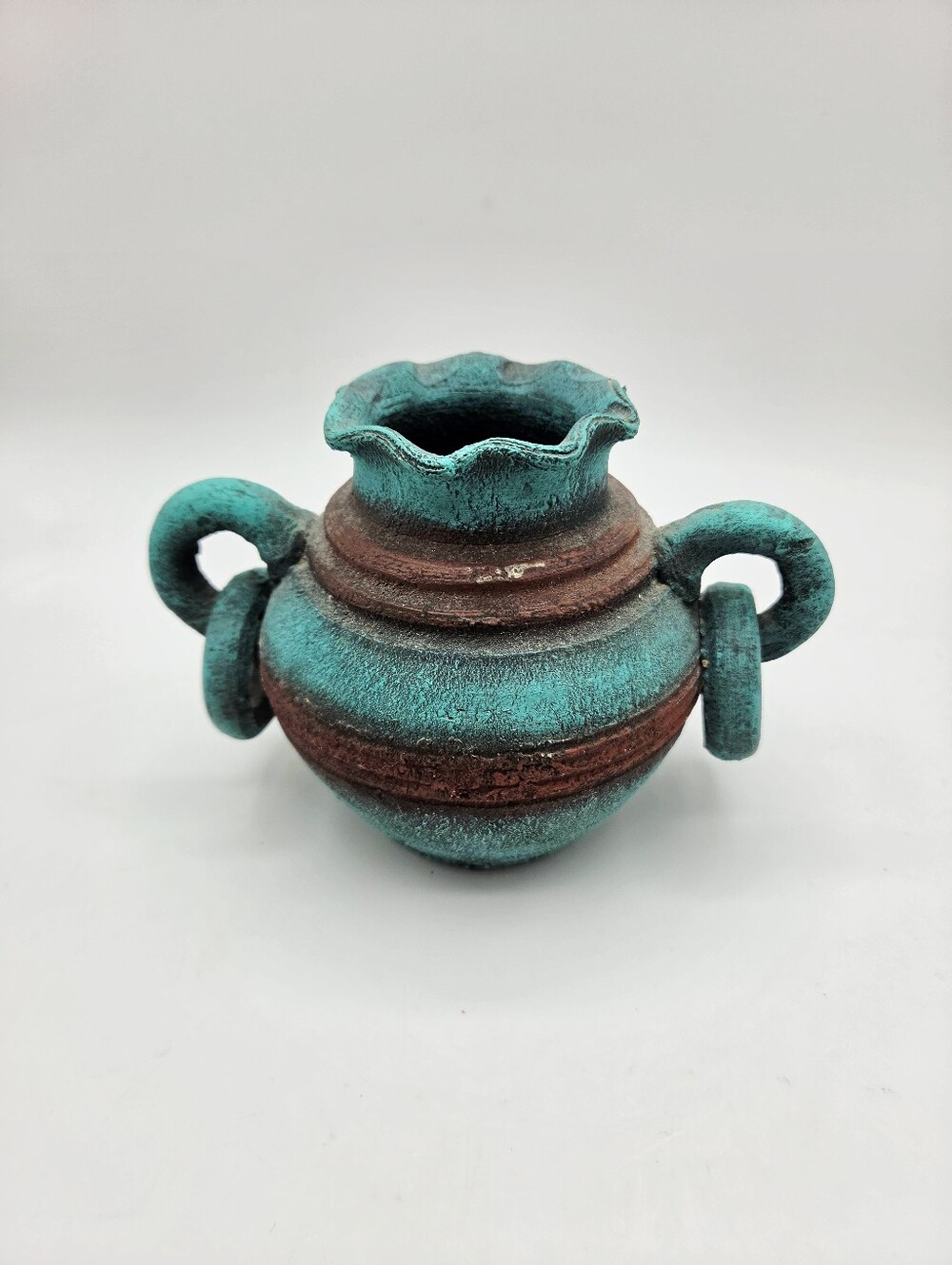 Vintage Turquoise & Rust Double Handle Pottery Vase Urn, Boho Southwestern - Picture 6 of 6